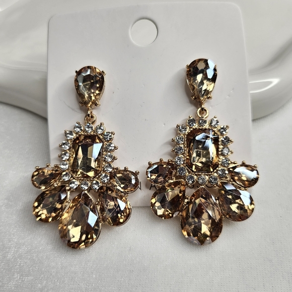 Women's Gold Rhinestone Crystal Statement Earrings Prom Jewelry Fashion Jewelry - Picture 2 of 8